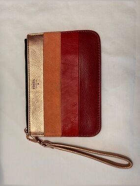 Fossil Rose Gold, Orange-Tan and Red Leather Wristlet. Gently used.